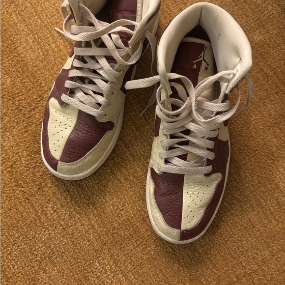 Nike Air Jordan 1 Low Burgundy and Cream Leather Sneakers - Picture 6 of 6
